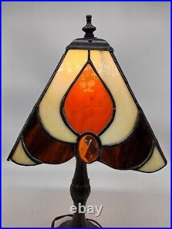 Vintage Stained Glass Lamp Orange Brown White Slag Glass Heavy Metal Base 17 H