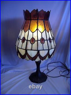 Vintage Stained Glass Slag Table Lamp King's Crown Shade Brown & White NICE