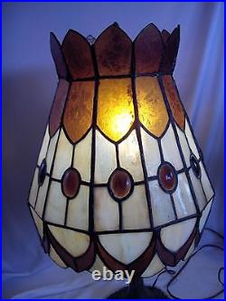 Vintage Stained Glass Slag Table Lamp King's Crown Shade Brown & White NICE