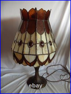 Vintage Stained Glass Slag Table Lamp King's Crown Shade Brown & White NICE