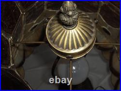 Vintage Stained Glass Slag Table Lamp King's Crown Shade Brown & White NICE