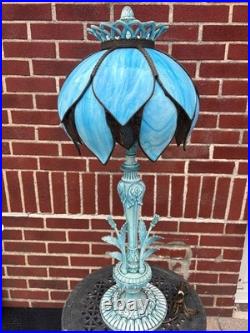 Vintage Stained Sky Blue 14 Panel Slag Glass 2 Light Parlor Tulip Table Lamp 34