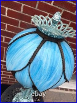 Vintage Stained Sky Blue 14 Panel Slag Glass 2 Light Parlor Tulip Table Lamp 34