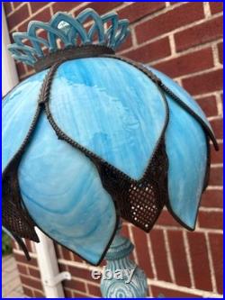Vintage Stained Sky Blue 14 Panel Slag Glass 2 Light Parlor Tulip Table Lamp 34