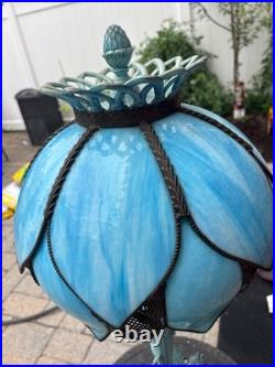 Vintage Stained Sky Blue 14 Panel Slag Glass 2 Light Parlor Tulip Table Lamp 34