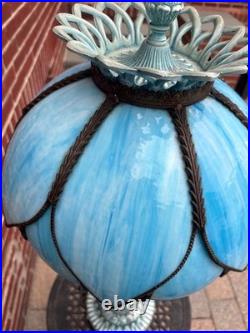 Vintage Stained Sky Blue 14 Panel Slag Glass 2 Light Parlor Tulip Table Lamp 34