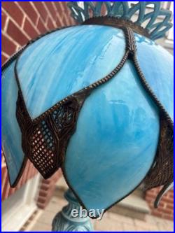 Vintage Stained Sky Blue 14 Panel Slag Glass 2 Light Parlor Tulip Table Lamp 34