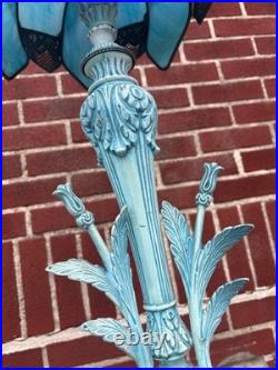 Vintage Stained Sky Blue 14 Panel Slag Glass 2 Light Parlor Tulip Table Lamp 34