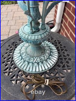 Vintage Stained Sky Blue 14 Panel Slag Glass 2 Light Parlor Tulip Table Lamp 34