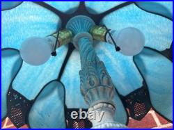 Vintage Stained Sky Blue 14 Panel Slag Glass 2 Light Parlor Tulip Table Lamp 34
