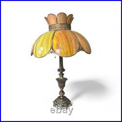 Vintage Stained Slag Glass 2 Light Parlor Tulip Table Lamp 30