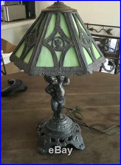 Vintage Stained Slag Glass Cherub Lamp & Shade Poul Hornison