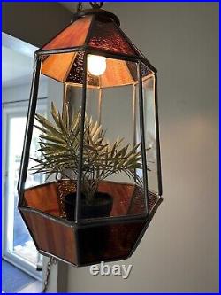 Vintage Stained Slag Glass Hanging Terrarium Swag Lamp Light Planter MCM Orange