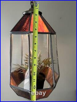 Vintage Stained Slag Glass Hanging Terrarium Swag Lamp Light Planter MCM Orange