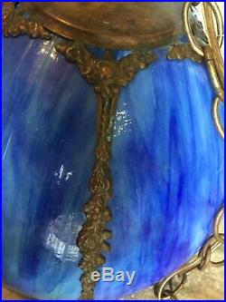Vintage Stained Slag Glass Swirl Hanging Lamp Blue Shade Complete Original