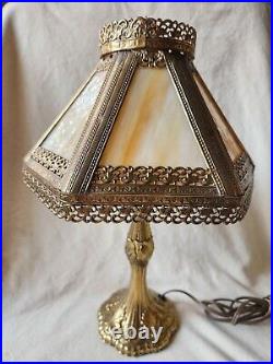 Vintage TIFFA-MINI Victorian Brass Filigree Slag Glass Petite Table Lamp