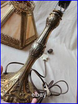Vintage TIFFA-MINI Victorian Brass Filigree Slag Glass Petite Table Lamp