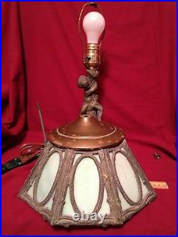 Vintage Table Lamp Figural Cherub Green & White Slag Glass Shade Electric