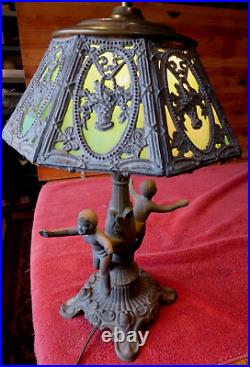 Vintage Table Lamp Spelter Metal Cherubs Art Deco Antique Green Slag Glass shade