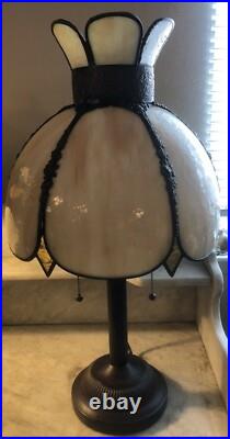 Vintage Table Lamp with Convex Curved Beige Slag Glass and Double Socket Base