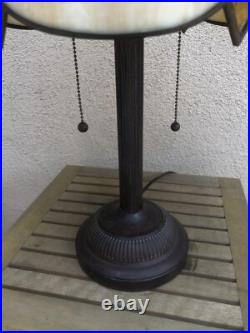 Vintage Table Lamp with Convex Curved Beige Slag Glass and Double Socket Base
