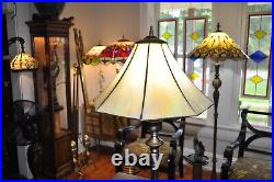 Vintage Tall Bronze Table lamp with Octagonal Slag Glass Iridescent Shade