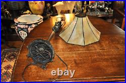 Vintage Tall Bronze Table lamp with Octagonal Slag Glass Iridescent Shade