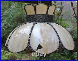 Vintage Tan Curved Panel Slag Glass Hanging Lamp 18 Width for Repaired