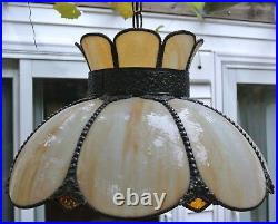 Vintage Tan Curved Panel Slag Glass Hanging Lamp 18 Width for Repaired