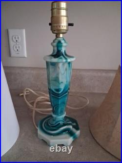 Vintage Teal Swirl Slag Glass 11 Table Lamp With Shade