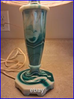 Vintage Teal Swirl Slag Glass 11 Table Lamp With Shade