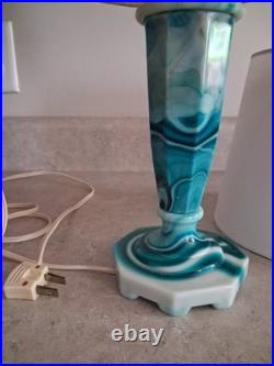 Vintage Teal Swirl Slag Glass 11 Table Lamp With Shade