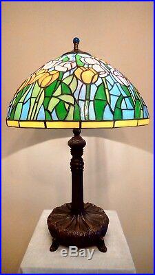 Vintage Tiffany Factory Coral Tulips Slag Stained Glass Shade Metal Base Lamp