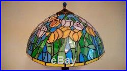 Vintage Tiffany Factory Coral Tulips Slag Stained Glass Shade Metal Base Lamp