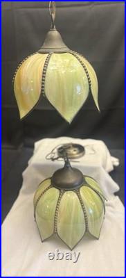 Vintage Tiffany Slag Glass Tulip Pendant Chandelier Lamp Green Stained Glass