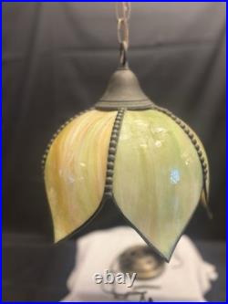 Vintage Tiffany Slag Glass Tulip Pendant Chandelier Lamp Green Stained Glass