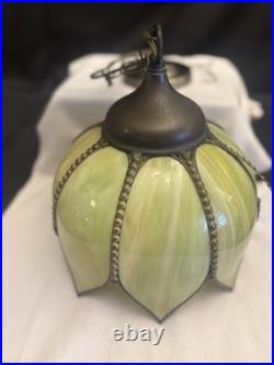 Vintage Tiffany Slag Glass Tulip Pendant Chandelier Lamp Green Stained Glass