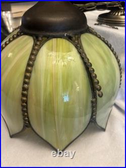 Vintage Tiffany Slag Glass Tulip Pendant Chandelier Lamp Green Stained Glass