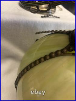 Vintage Tiffany Slag Glass Tulip Pendant Chandelier Lamp Green Stained Glass