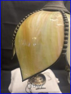 Vintage Tiffany Slag Glass Tulip Pendant Chandelier Lamp Green Stained Glass