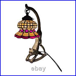 Vintage Tiffany Slag Style Stretching Cat Sculpture 15 Table Lamp Heavy Works