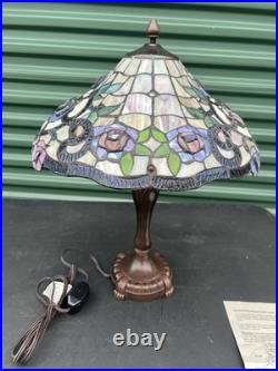 Vintage Tiffany Style Art Nouveau Slag Stained Glass Embossed Floral Table Lamp