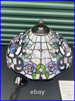 Vintage Tiffany Style Art Nouveau Slag Stained Glass Embossed Floral Table Lamp