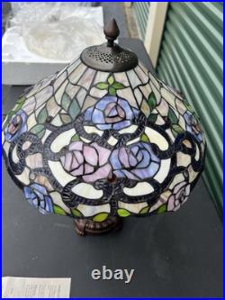 Vintage Tiffany Style Art Nouveau Slag Stained Glass Embossed Floral Table Lamp