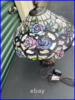 Vintage Tiffany Style Art Nouveau Slag Stained Glass Embossed Floral Table Lamp