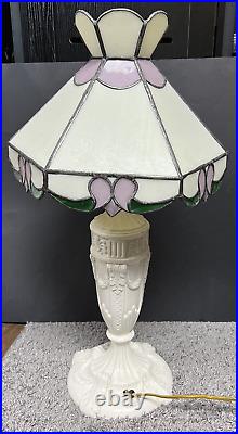 Vintage Tiffany Style Double Light Slag Glass Lamp Cast Metal Neoclassical Base