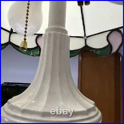 Vintage Tiffany Style Double Light Slag Glass Lamp Cast Metal Neoclassical Base