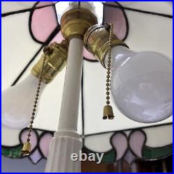 Vintage Tiffany Style Double Light Slag Glass Lamp Cast Metal Neoclassical Base