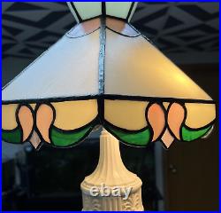 Vintage Tiffany Style Double Light Slag Glass Lamp Cast Metal Neoclassical Base