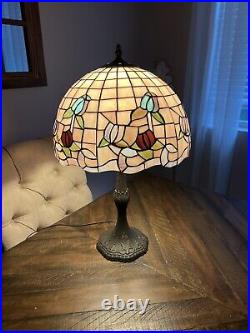 Vintage Tiffany Style Floral Blue Rose Stained Slag Glass Table Lamp